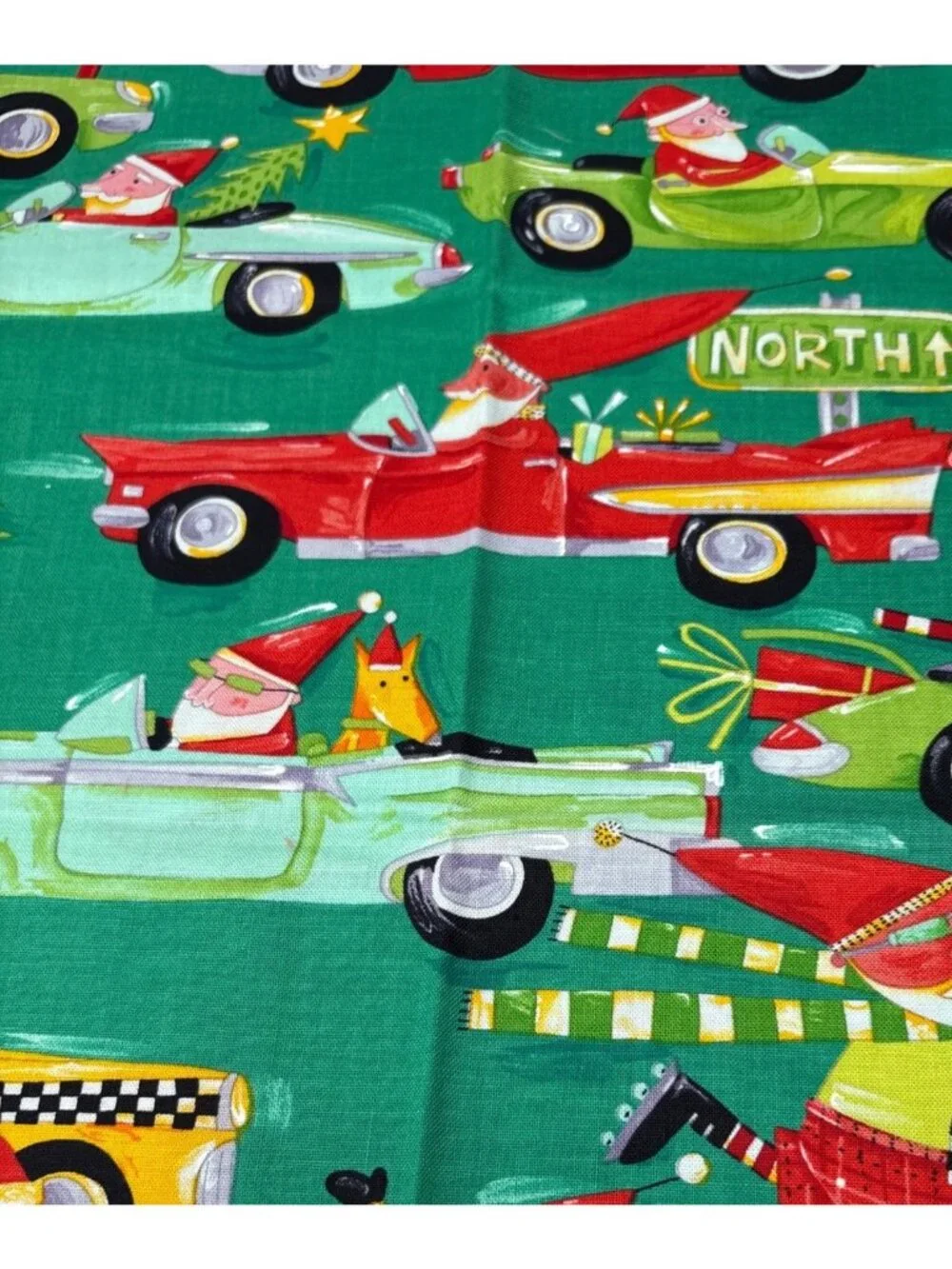 Christmas Santa Cars Cotton Fat Quarter Fabric 18x22 Festive Green Holiday Print
